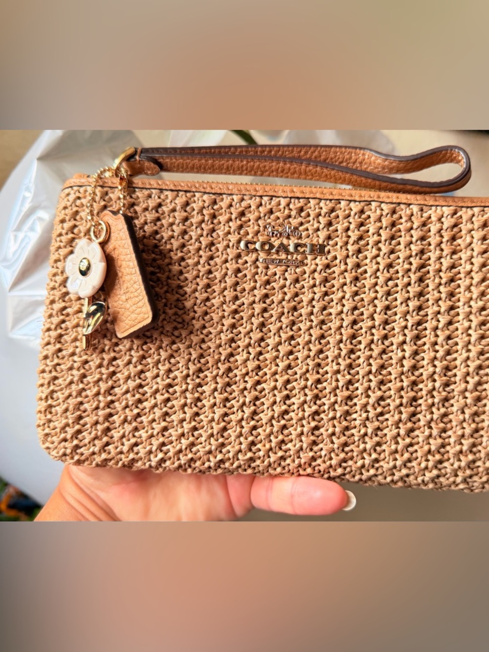 Coach Woven Tan Wristlet with Floral Charm